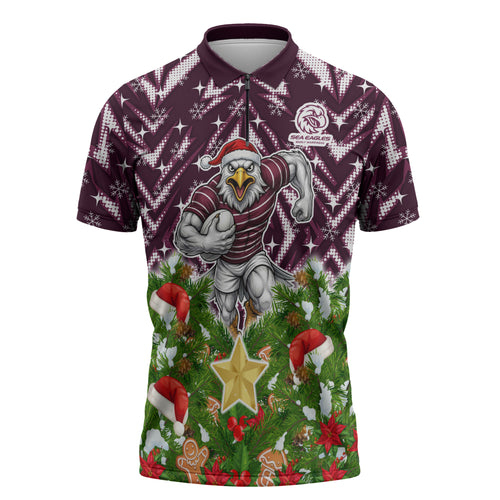 Personalised Sea Eagles Rugby Christmas Zipper Polo Shirt Santa Rugby Mascot - Pine Wreath Festive