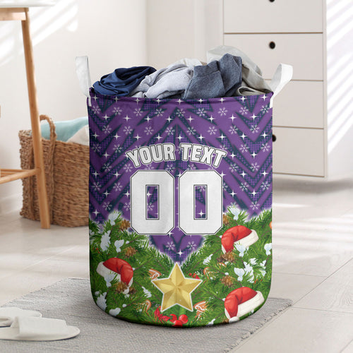 Personalised Melbourne Storm Rugby Christmas Laundry Basket Santa Rugby Mascot - Pine Wreath Festive