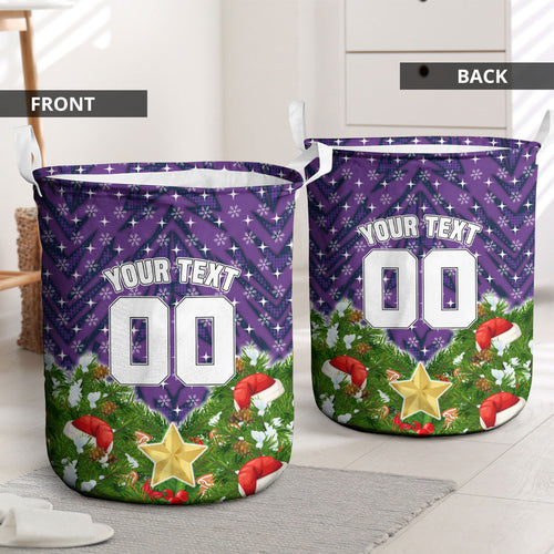 Personalised Melbourne Storm Rugby Christmas Laundry Basket Santa Rugby Mascot - Pine Wreath Festive