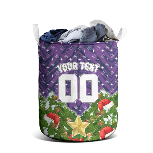 Personalised Melbourne Storm Rugby Christmas Laundry Basket Santa Rugby Mascot - Pine Wreath Festive