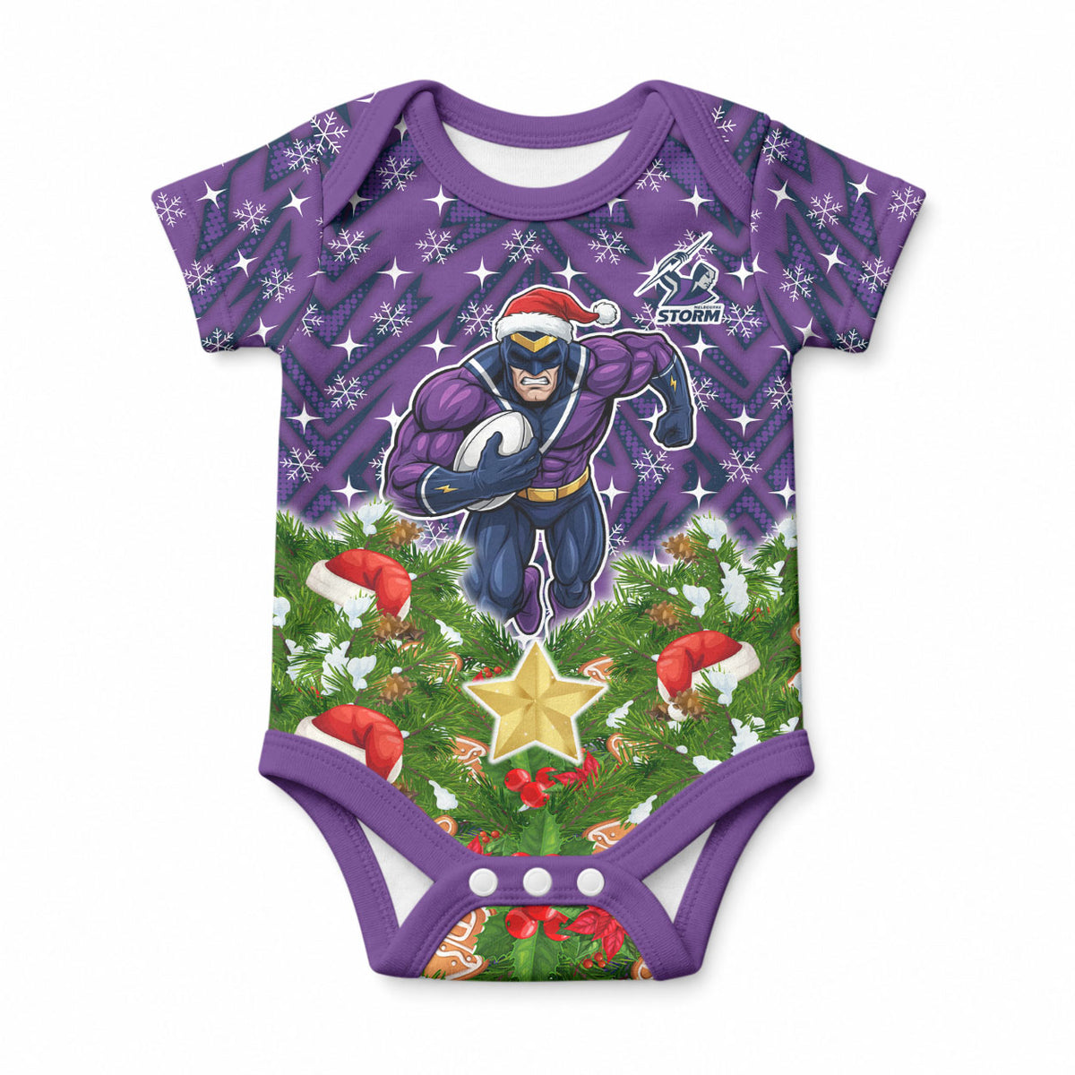 Personalised Melbourne Storm Rugby Christmas Baby Onesie Santa Rugby Mascot - Pine Wreath Festive
