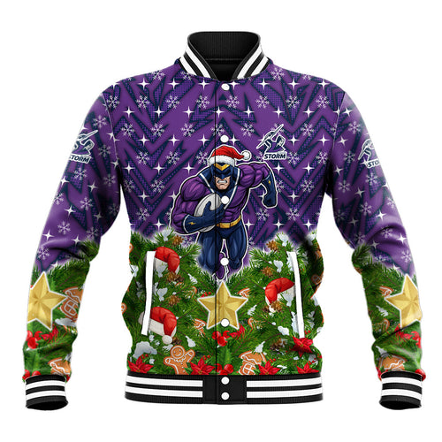 Personalised Melbourne Storm Rugby Christmas Baseball Jacket Santa Rugby Mascot - Pine Wreath Festive