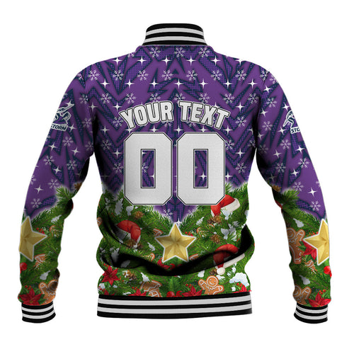 Personalised Melbourne Storm Rugby Christmas Baseball Jacket Santa Rugby Mascot - Pine Wreath Festive