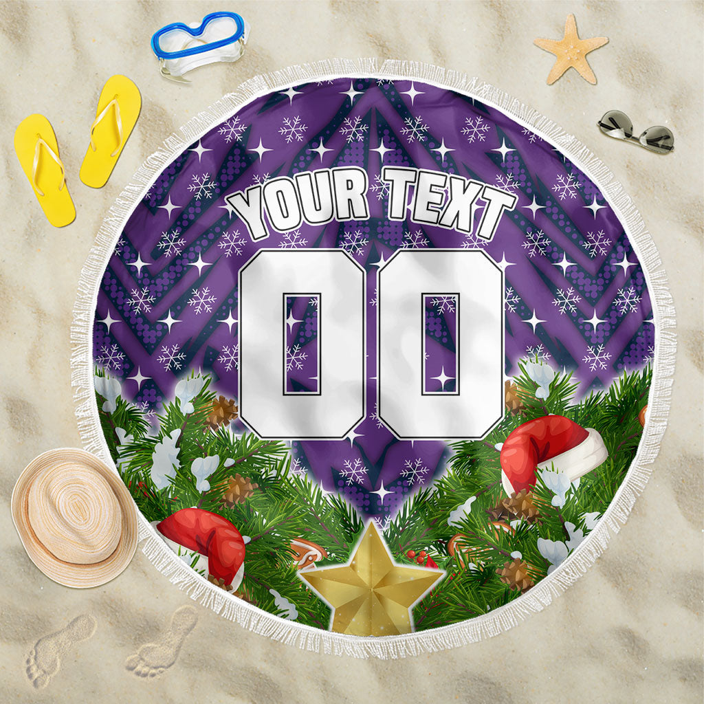 Personalised Melbourne Storm Rugby Christmas Beach Blanket Santa Rugby Mascot - Pine Wreath Festive