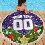 Personalised Melbourne Storm Rugby Christmas Beach Blanket Santa Rugby Mascot - Pine Wreath Festive