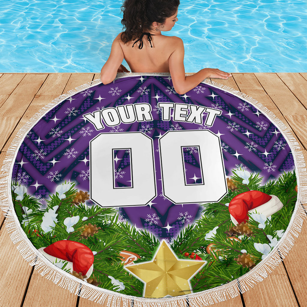 Personalised Melbourne Storm Rugby Christmas Beach Blanket Santa Rugby Mascot - Pine Wreath Festive