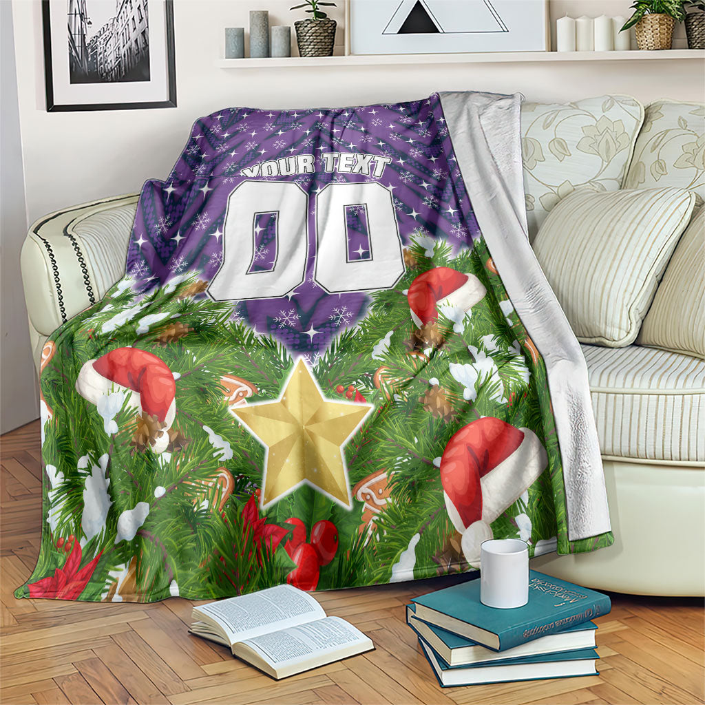 Personalised Melbourne Storm Rugby Christmas Blanket Santa Rugby Mascot - Pine Wreath Festive