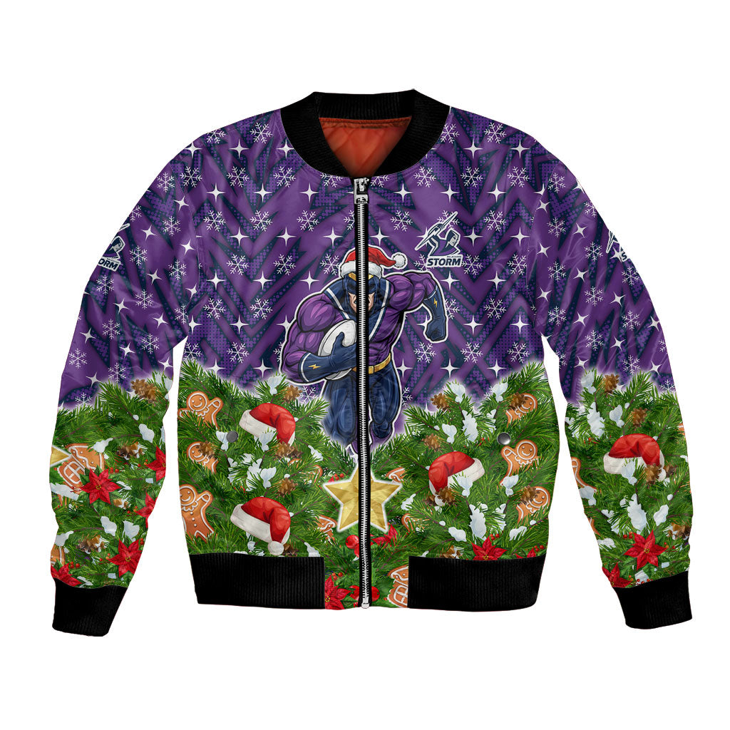 Personalised Melbourne Storm Rugby Christmas Bomber Jacket Santa Rugby Mascot - Pine Wreath Festive