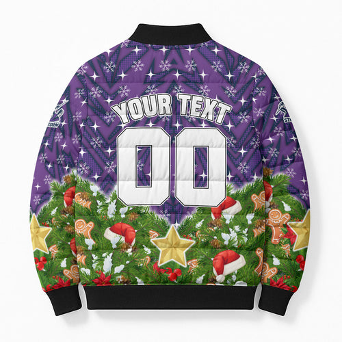 Personalised Melbourne Storm Rugby Christmas Bomber Puffer Jacket Santa Rugby Mascot - Pine Wreath Festive