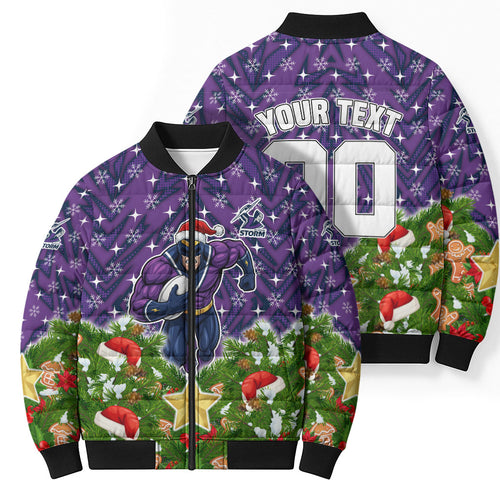 Personalised Melbourne Storm Rugby Christmas Bomber Puffer Jacket Santa Rugby Mascot - Pine Wreath Festive