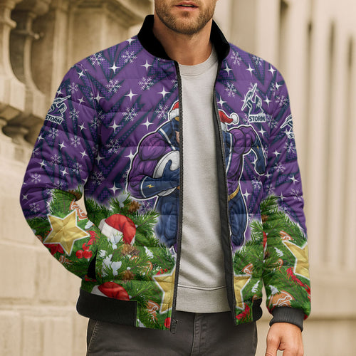 Personalised Melbourne Storm Rugby Christmas Bomber Puffer Jacket Santa Rugby Mascot - Pine Wreath Festive