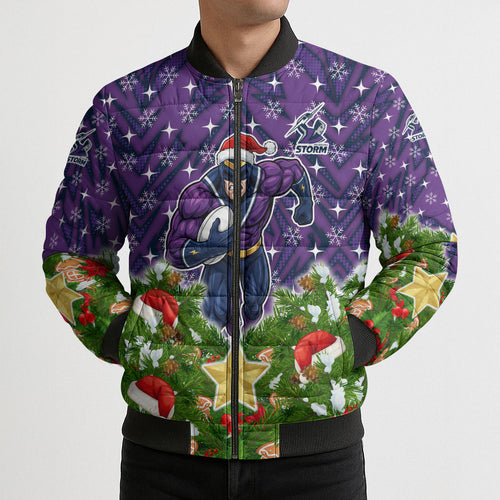 Personalised Melbourne Storm Rugby Christmas Bomber Puffer Jacket Santa Rugby Mascot - Pine Wreath Festive