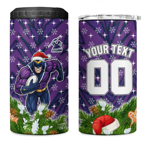 Personalised Melbourne Storm Rugby Christmas 4 in 1 Can Cooler Tumbler Santa Rugby Mascot - Pine Wreath Festive