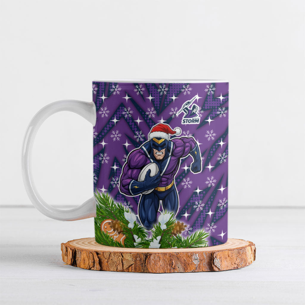 Personalised Melbourne Storm Rugby Christmas Ceramic Mug Santa Rugby Mascot - Pine Wreath Festive