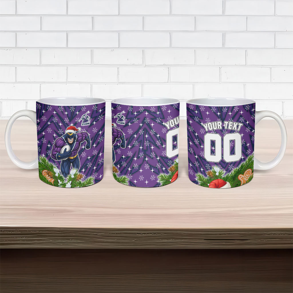 Personalised Melbourne Storm Rugby Christmas Ceramic Mug Santa Rugby Mascot - Pine Wreath Festive