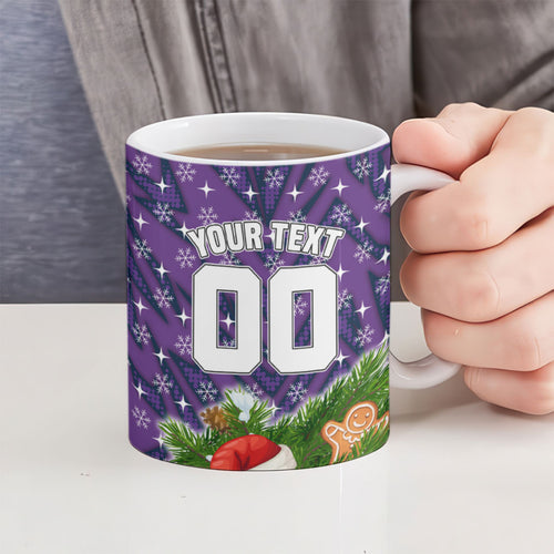 Personalised Melbourne Storm Rugby Christmas Ceramic Mug Santa Rugby Mascot - Pine Wreath Festive