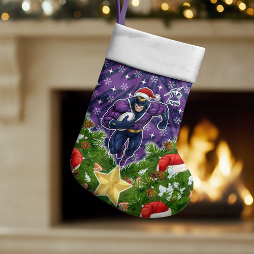 Melbourne Storm Rugby Christmas Stocking Santa Rugby Mascot - Pine Wreath Festive