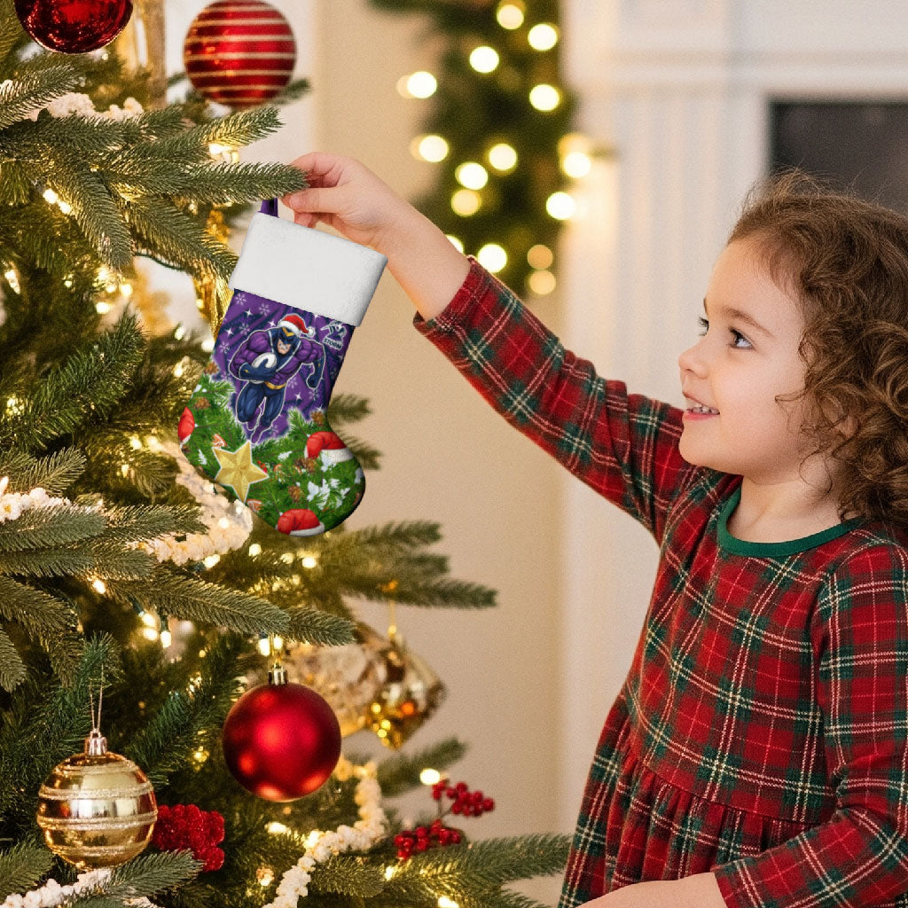 Melbourne Storm Rugby Christmas Stocking Santa Rugby Mascot - Pine Wreath Festive