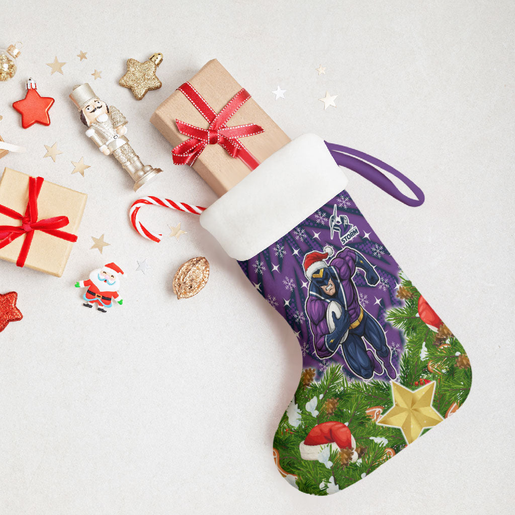 Melbourne Storm Rugby Christmas Stocking Santa Rugby Mascot - Pine Wreath Festive