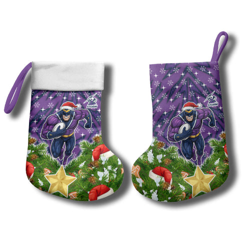 Melbourne Storm Rugby Christmas Stocking Santa Rugby Mascot - Pine Wreath Festive