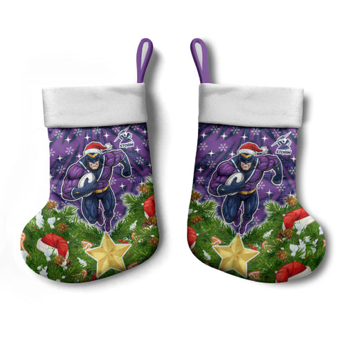 Melbourne Storm Rugby Christmas Stocking Santa Rugby Mascot - Pine Wreath Festive
