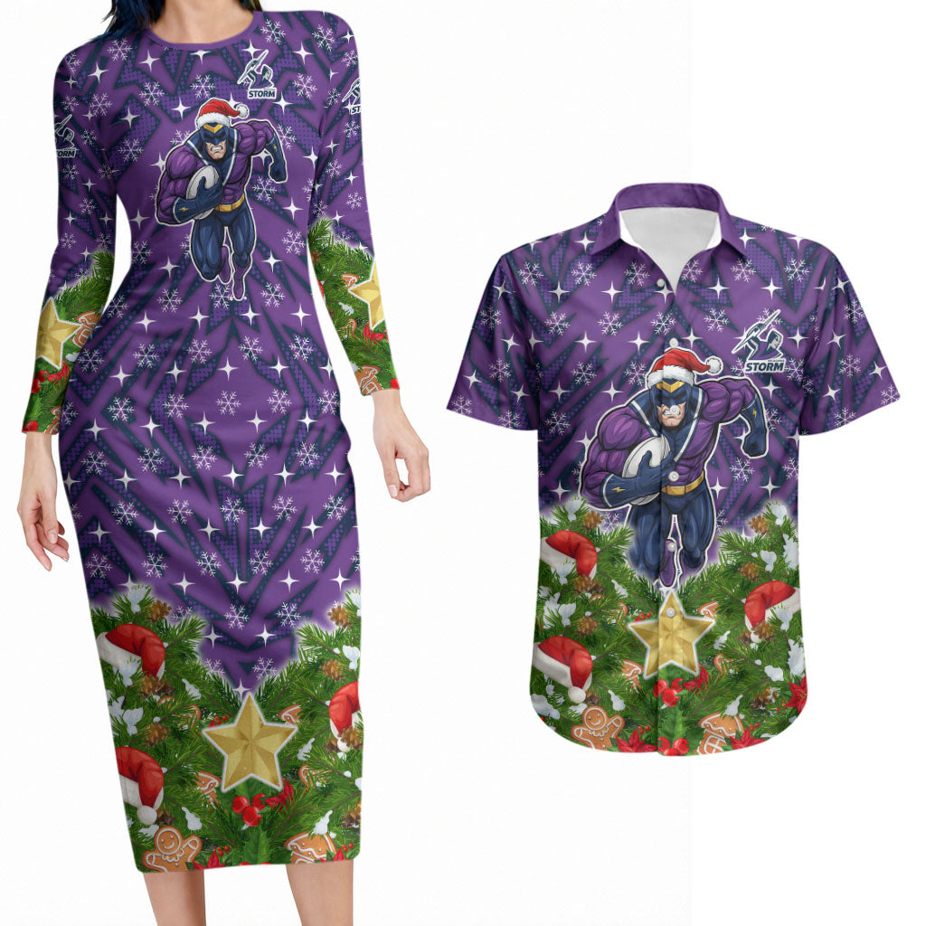 Personalised Melbourne Storm Rugby Christmas Couples Matching Long Sleeve Bodycon Dress and Hawaiian Shirt Santa Rugby Mascot - Pine Wreath Festive