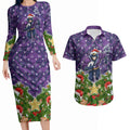 Personalised Melbourne Storm Rugby Christmas Couples Matching Long Sleeve Bodycon Dress and Hawaiian Shirt Santa Rugby Mascot - Pine Wreath Festive