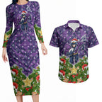 Personalised Melbourne Storm Rugby Christmas Couples Matching Long Sleeve Bodycon Dress and Hawaiian Shirt Santa Rugby Mascot - Pine Wreath Festive