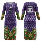 Personalised Melbourne Storm Rugby Christmas Couples Matching Long Sleeve Bodycon Dress and Hawaiian Shirt Santa Rugby Mascot - Pine Wreath Festive