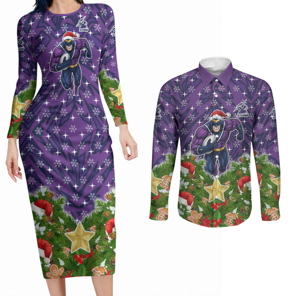 Personalised Melbourne Storm Rugby Christmas Couples Matching Long Sleeve Bodycon Dress and Long Sleeve Button Shirt Santa Rugby Mascot - Pine Wreath Festive