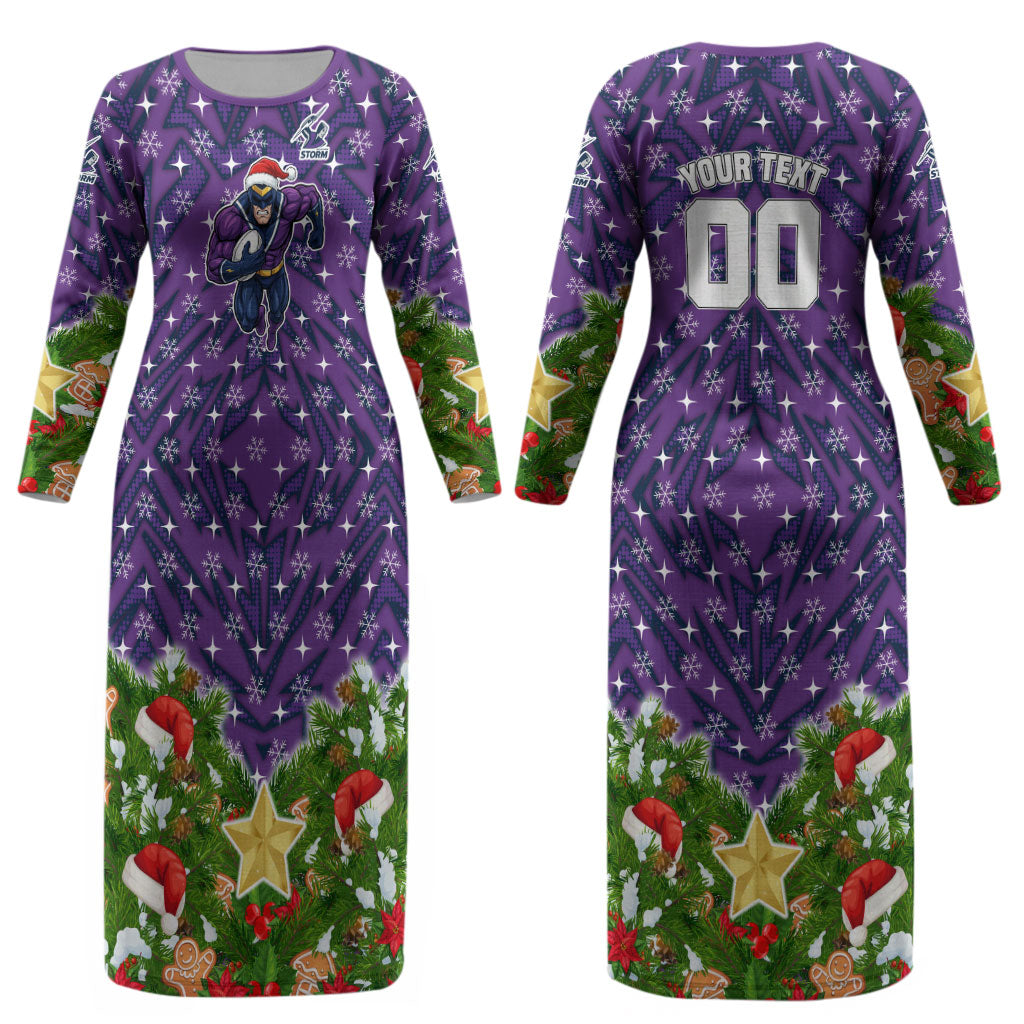 Personalised Melbourne Storm Rugby Christmas Couples Matching Long Sleeve Bodycon Dress and Long Sleeve Button Shirt Santa Rugby Mascot - Pine Wreath Festive