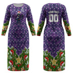 Personalised Melbourne Storm Rugby Christmas Couples Matching Long Sleeve Bodycon Dress and Long Sleeve Button Shirt Santa Rugby Mascot - Pine Wreath Festive