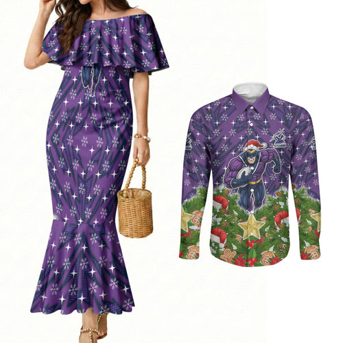Personalised Melbourne Storm Rugby Christmas Couples Matching Mermaid Dress and Long Sleeve Button Shirt Santa Rugby Mascot - Pine Wreath Festive