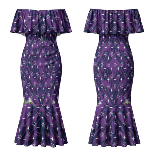 Personalised Melbourne Storm Rugby Christmas Couples Matching Mermaid Dress and Long Sleeve Button Shirt Santa Rugby Mascot - Pine Wreath Festive