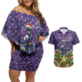 Personalised Melbourne Storm Rugby Christmas Couples Matching Off Shoulder Short Dress and Hawaiian Shirt Santa Rugby Mascot - Pine Wreath Festive