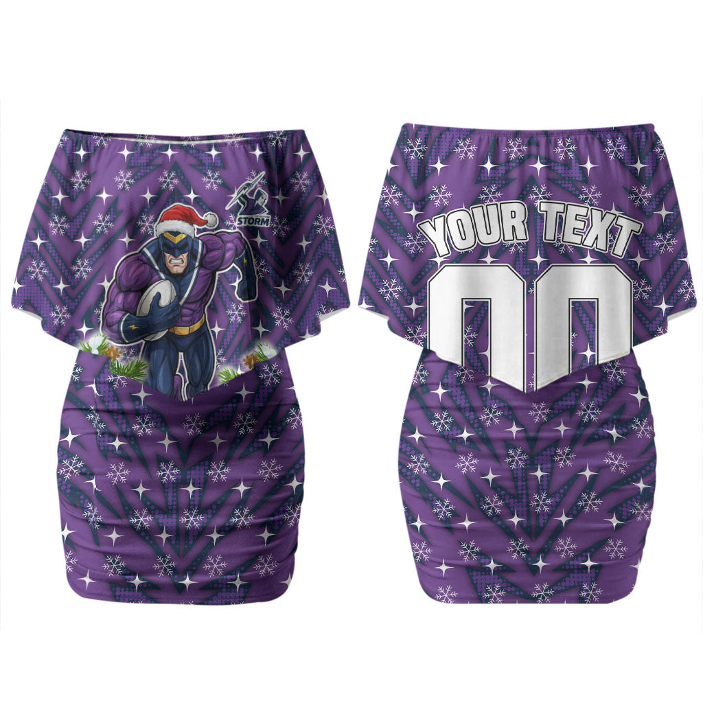 Personalised Melbourne Storm Rugby Christmas Couples Matching Off Shoulder Short Dress and Hawaiian Shirt Santa Rugby Mascot - Pine Wreath Festive