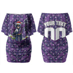 Personalised Melbourne Storm Rugby Christmas Couples Matching Off Shoulder Short Dress and Hawaiian Shirt Santa Rugby Mascot - Pine Wreath Festive
