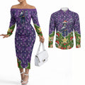 Personalised Melbourne Storm Rugby Christmas Couples Matching Off The Shoulder Long Sleeve Dress and Long Sleeve Button Shirt Santa Rugby Mascot - Pine Wreath Festive