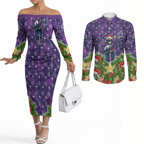 Personalised Melbourne Storm Rugby Christmas Couples Matching Off The Shoulder Long Sleeve Dress and Long Sleeve Button Shirt Santa Rugby Mascot - Pine Wreath Festive