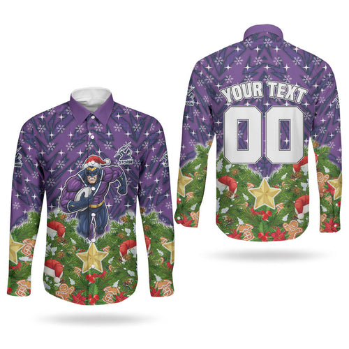 Personalised Melbourne Storm Rugby Christmas Couples Matching Off The Shoulder Long Sleeve Dress and Long Sleeve Button Shirt Santa Rugby Mascot - Pine Wreath Festive