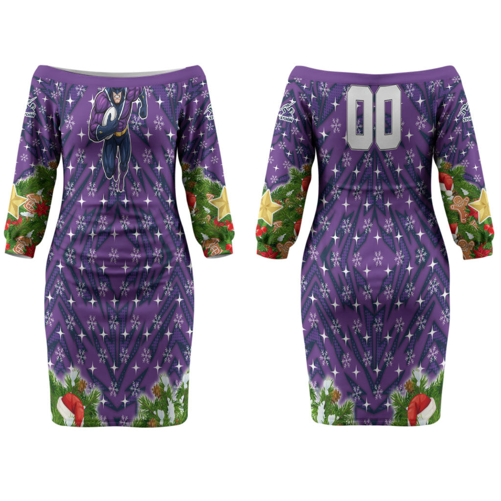 Personalised Melbourne Storm Rugby Christmas Couples Matching Off The Shoulder Long Sleeve Dress and Long Sleeve Button Shirt Santa Rugby Mascot - Pine Wreath Festive