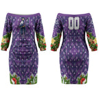 Personalised Melbourne Storm Rugby Christmas Couples Matching Off The Shoulder Long Sleeve Dress and Long Sleeve Button Shirt Santa Rugby Mascot - Pine Wreath Festive