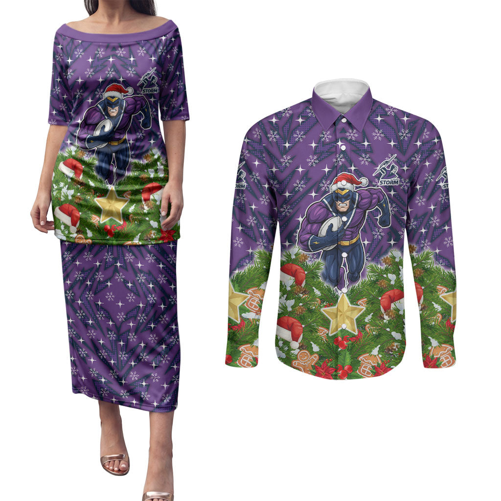Personalised Melbourne Storm Rugby Christmas Couples Matching Puletasi and Long Sleeve Button Shirt Santa Rugby Mascot - Pine Wreath Festive