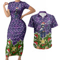 Personalised Melbourne Storm Rugby Christmas Couples Matching Short Sleeve Bodycon Dress and Hawaiian Shirt Santa Rugby Mascot - Pine Wreath Festive