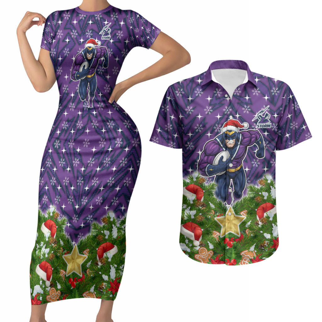 Personalised Melbourne Storm Rugby Christmas Couples Matching Short Sleeve Bodycon Dress and Hawaiian Shirt Santa Rugby Mascot - Pine Wreath Festive