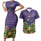 Personalised Melbourne Storm Rugby Christmas Couples Matching Short Sleeve Bodycon Dress and Hawaiian Shirt Santa Rugby Mascot - Pine Wreath Festive