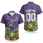 Personalised Melbourne Storm Rugby Christmas Couples Matching Short Sleeve Bodycon Dress and Hawaiian Shirt Santa Rugby Mascot - Pine Wreath Festive