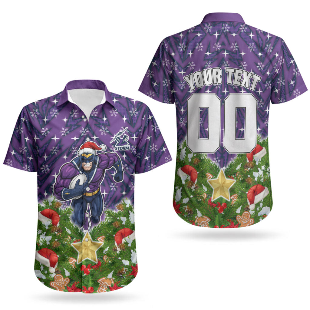 Personalised Melbourne Storm Rugby Christmas Couples Matching Short Sleeve Bodycon Dress and Hawaiian Shirt Santa Rugby Mascot - Pine Wreath Festive