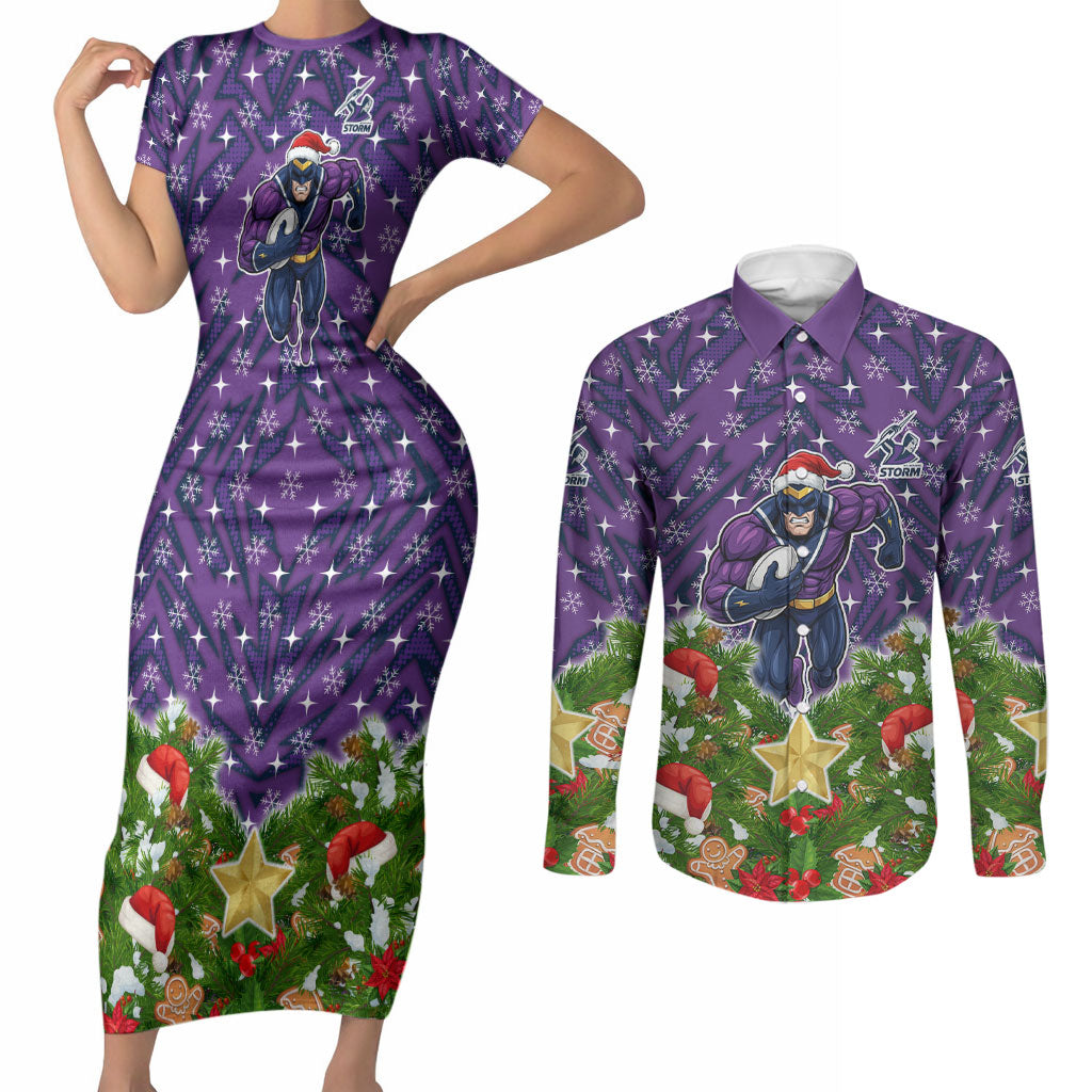 Personalised Melbourne Storm Rugby Christmas Couples Matching Short Sleeve Bodycon Dress and Long Sleeve Button Shirt Santa Rugby Mascot - Pine Wreath Festive