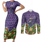 Personalised Melbourne Storm Rugby Christmas Couples Matching Short Sleeve Bodycon Dress and Long Sleeve Button Shirt Santa Rugby Mascot - Pine Wreath Festive